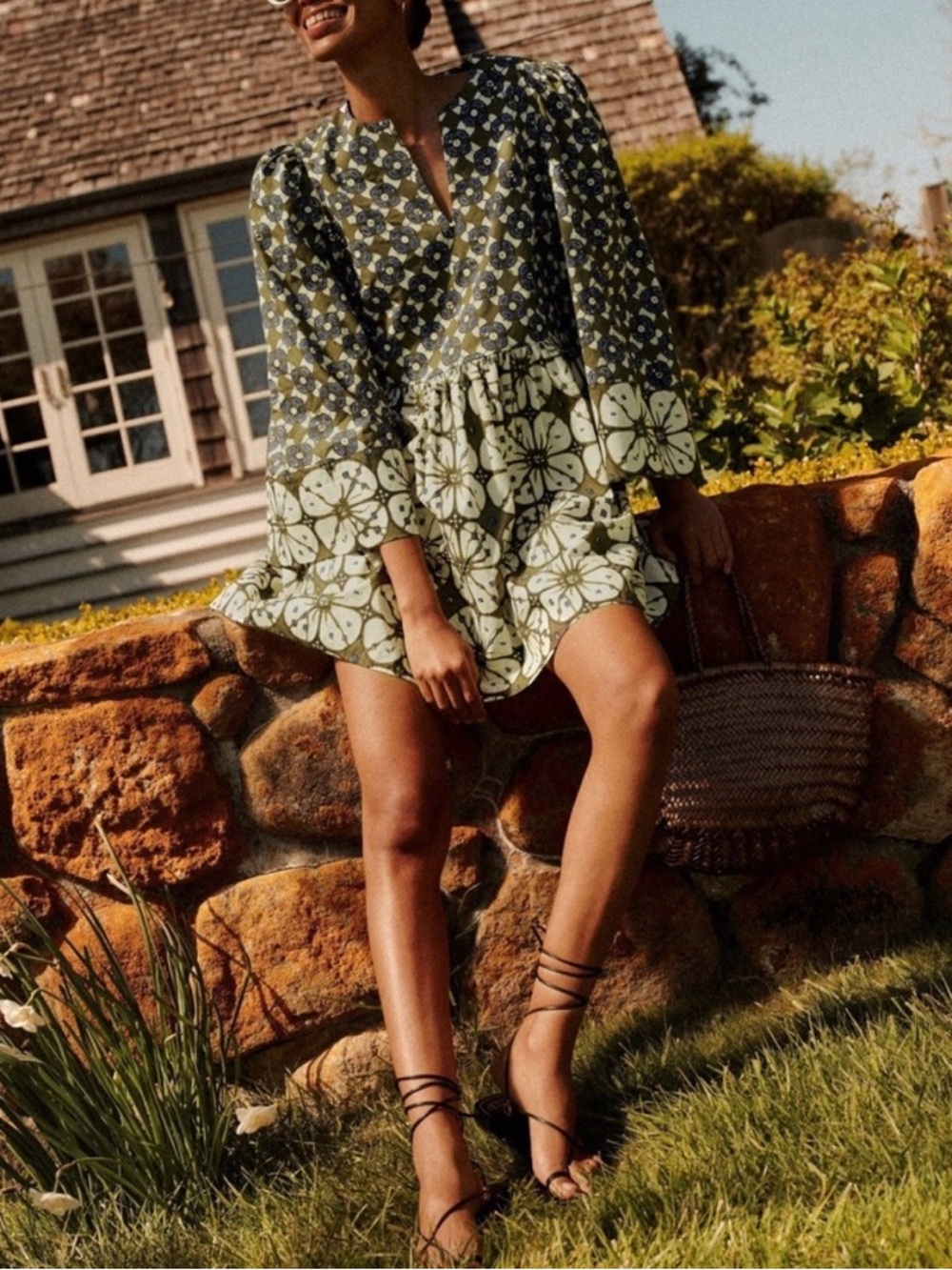 Tuckernuck Olive Green Floral Tiered Mini Dress